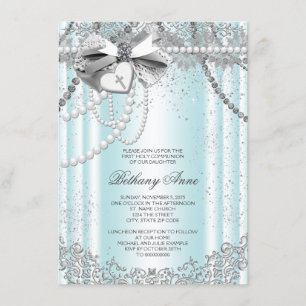 Teal Blue Pearl Cross First Communion Invitation