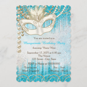 Teal Blue Pearl Watercolor Masquerade Party Invitation
