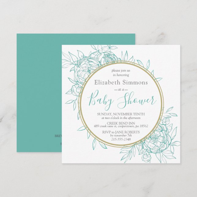 Teal Blue Peony Modern Floral Toile Baby Shower Invitation (Front/Back)