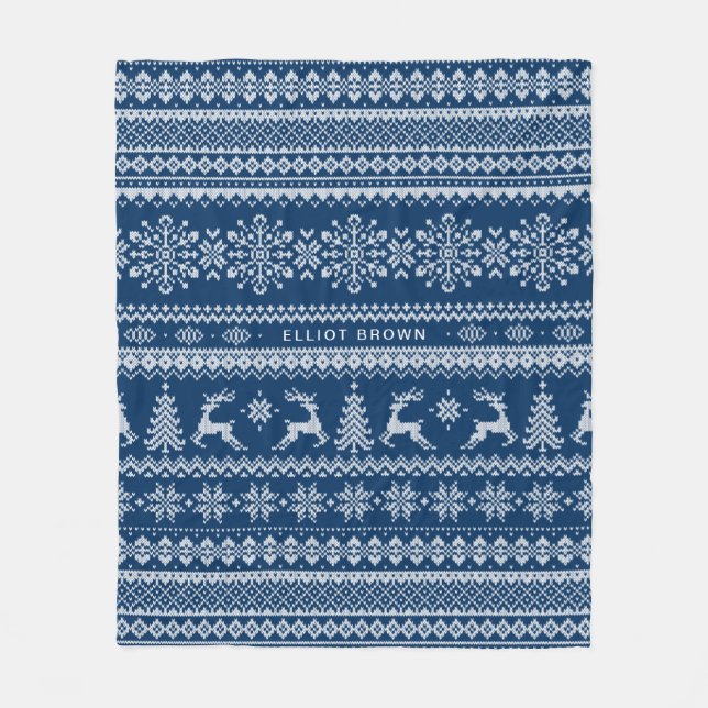 Teal Blue Personalised Name Christmas Sweater Fleece Blanket (Front)