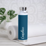 Teal Blue Personalised Wedding Bridesmaid Water Bottle<br><div class="desc">Gift your wedding bridesmaid or maid of honour with this trendy, vacuum Insulated water bottle that features her name in white, stylised script on a teal blue colour background designed to match your wedding colour scheme. Personalise bottle by editing and replacing name with your own as desired. Select your water...</div>