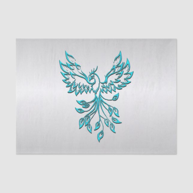 Teal Blue Phoenix on Silver Tissue Paper (Front)