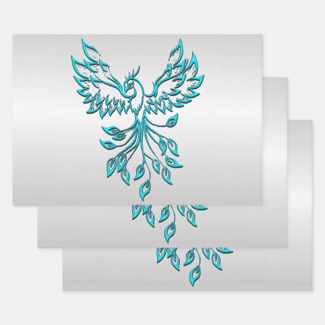 Teal Blue Phoenix on Silver Wrapping Paper Sheet (Set)