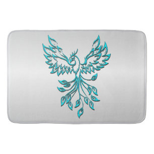 Teal Blue Phoenix Rises on Silver Bath Mat