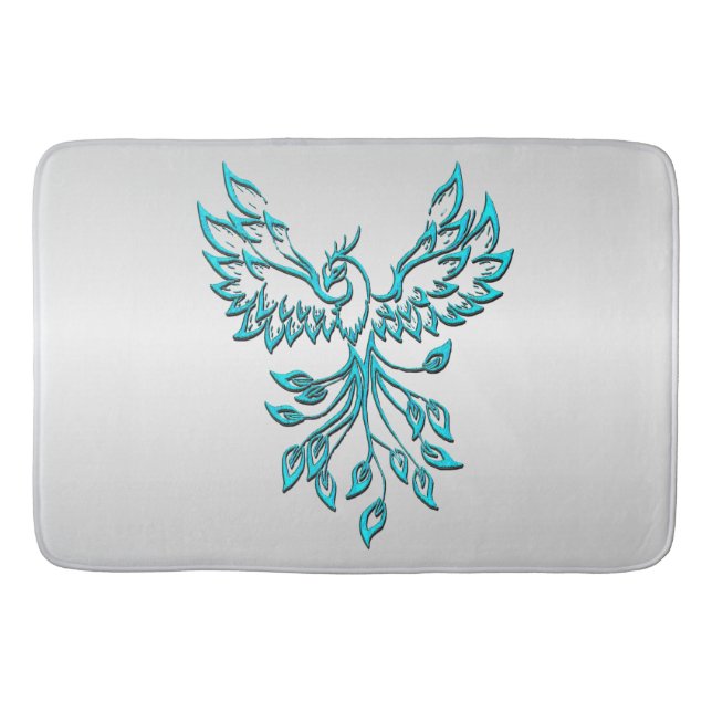 Teal Blue Phoenix Rises on Silver Bath Mat (Front)