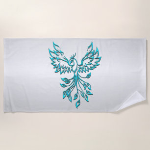Teal Blue Phoenix Rises on Silver Beach Towel