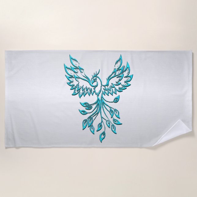 Teal Blue Phoenix Rises on Silver Beach Towel (Front)