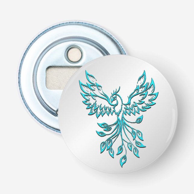 Teal Blue Phoenix Rises on Silver Bottle Opener (Front)