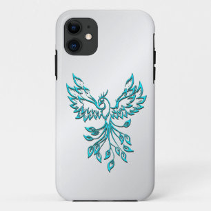 Teal Blue Phoenix Rises on Silver iPhone 11 Case