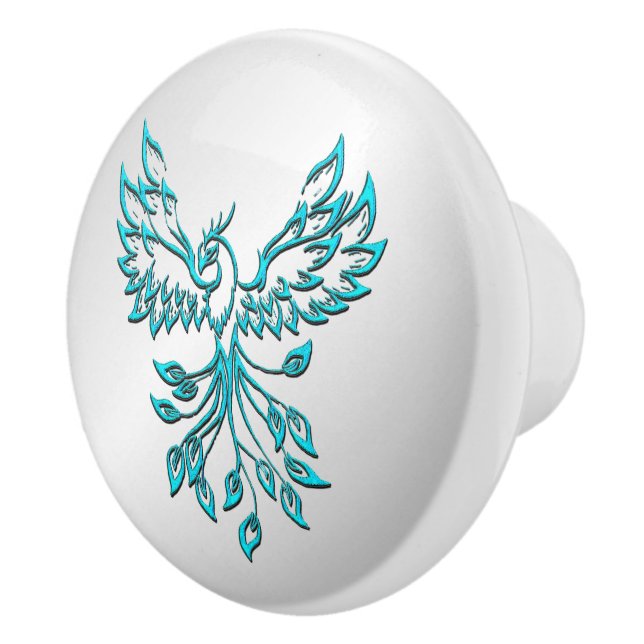 Teal Blue Phoenix Rises on Silver Ceramic Knob (Right)