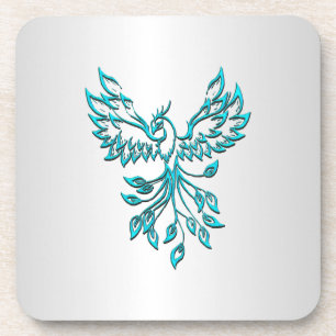 Teal Blue Phoenix Rises on Silver Coaster