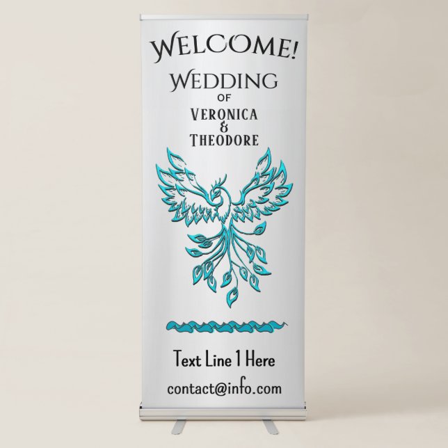 Teal Blue Phoenix Rises on Silver Custom Wedding  Retractable Banner (Front)