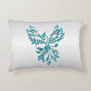 Teal Blue Phoenix Rises on Silver Decorative Cushion