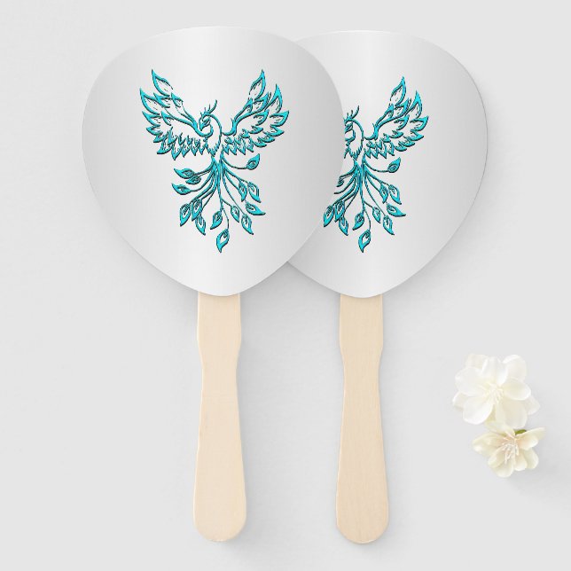 Teal Blue Phoenix Rises on Silver Hand Fan (Front and Back)