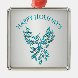Teal Blue Phoenix Rises on Silver Happy Holidays Metal Tree Decoration