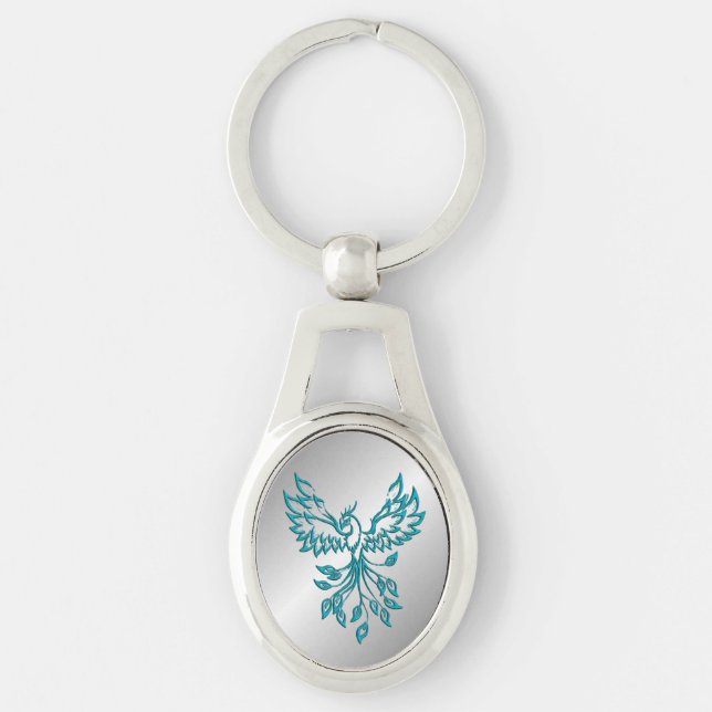 Teal Blue Phoenix Rises on Silver Key Ring (Front)