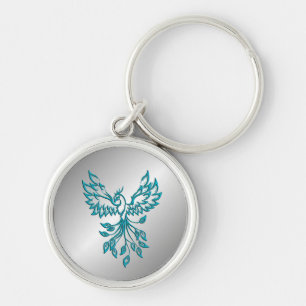 Teal Blue Phoenix Rises on Silver Key Ring