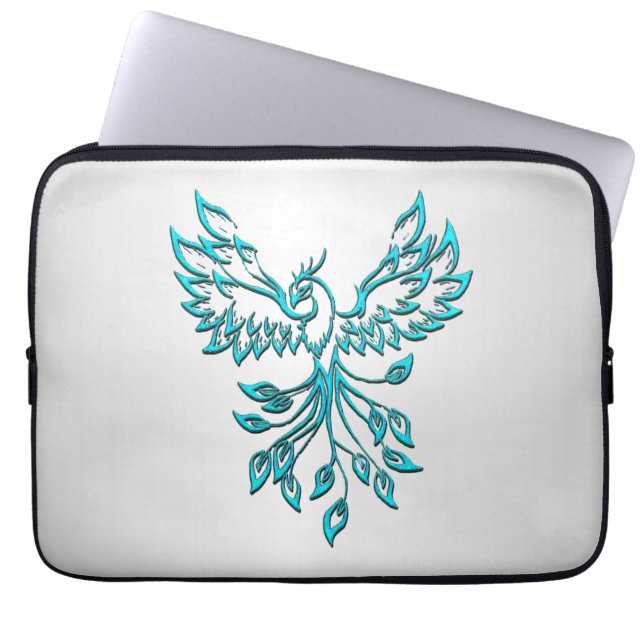 Teal Blue Phoenix Rises on Silver Laptop Sleeve (Front)