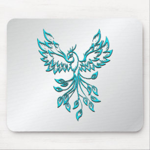Teal Blue Phoenix Rises on Silver Mouse Mat