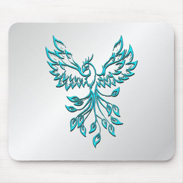 Teal Blue Phoenix Rises on Silver Mouse Mat (Front)