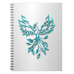 Teal Blue Phoenix Rises on Silver Notebook