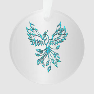 Teal Blue Phoenix Rises on Silver Ornament