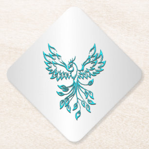 Teal Blue Phoenix Rises on Silver Paper Coaster