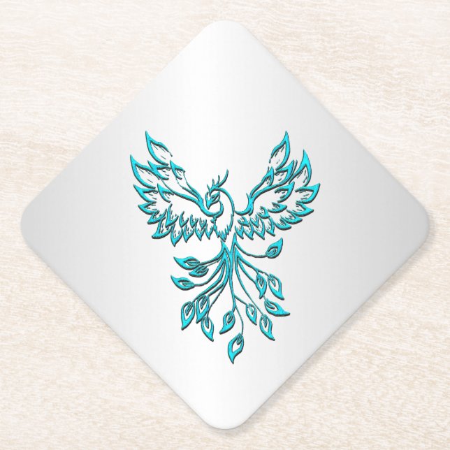 Teal Blue Phoenix Rises on Silver Paper Coaster (Front)