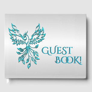 Teal Blue Phoenix Rises on Silver Personal Spine Guest Book