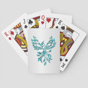 Teal Blue Phoenix Rises on Silver Playing Cards