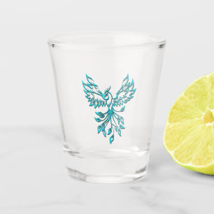 Teal Blue Phoenix Rises on Silver Shot Glass
