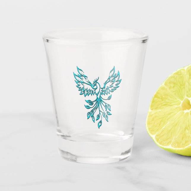 Teal Blue Phoenix Rises on Silver Shot Glass (Front)