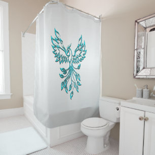 Teal Blue Phoenix Rises on Silver Shower Curtain