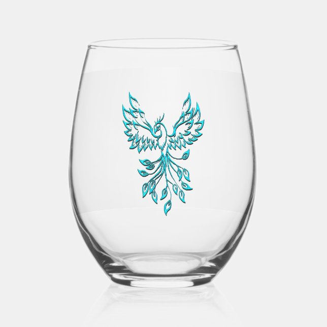 Teal Blue Phoenix Rises on Silver Stemless Wine Glass (Front)