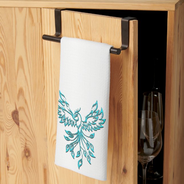 Teal Blue Phoenix Rises on Silver Tea Towel (Thirds Fold)