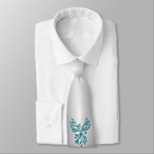 Teal Blue Phoenix Rises on Silver Tie