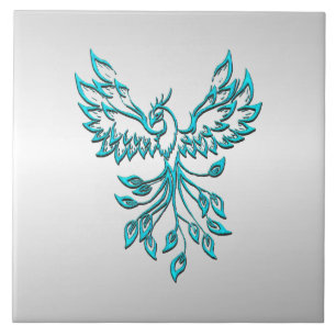 Teal Blue Phoenix Rises on Silver Tile