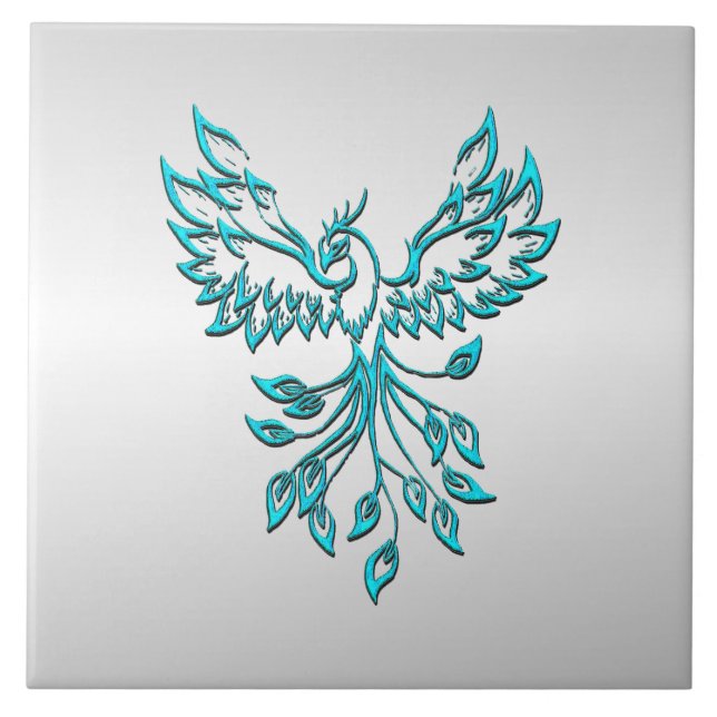 Teal Blue Phoenix Rises on Silver Tile (Front)