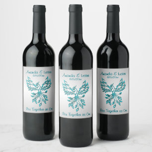 Teal Blue Phoenix Rises on Silver Wedding Couple Wine Label