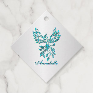 Teal Blue Phoenix with Name on Silver Favour Tags