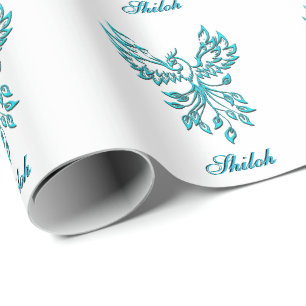 Teal Blue Phoenix with Name on White Personal Wrapping Paper