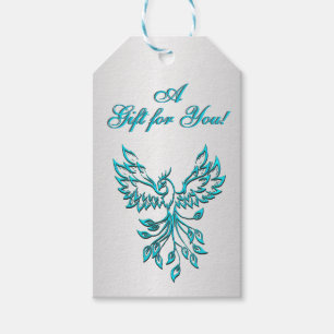 Teal Blue Phoenix with Text on Silver Gift Tags