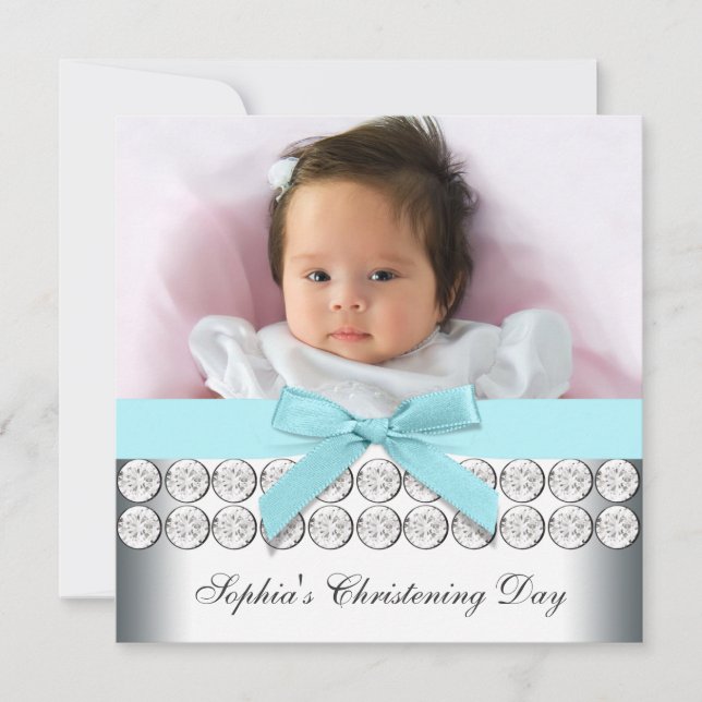 Teal Blue Photo Baby Girl Christening Invitation (Front)