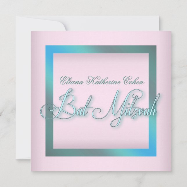Teal Blue Pink Bat Mitzvah Invitations (Front)