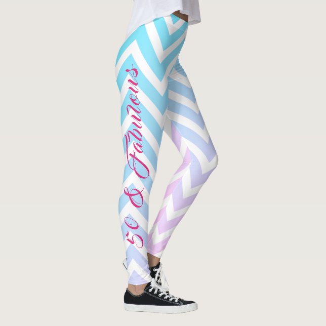 Teal Blue Pink Chevron Girly Chic 50th Birthday Leggings (Right)