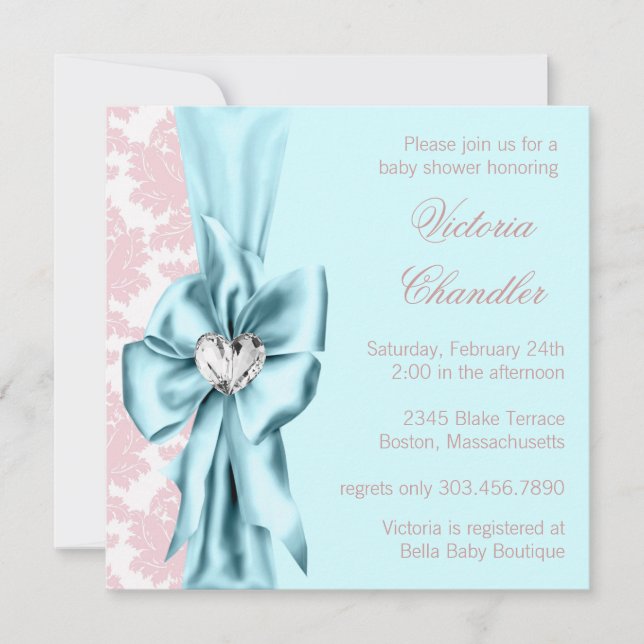 Teal Blue Pink Damask Bow Elegant Baby Girl Shower Invitation (Front)