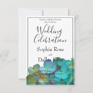 Teal blue pink hydrangeas flowers floral Wedding Invitation
