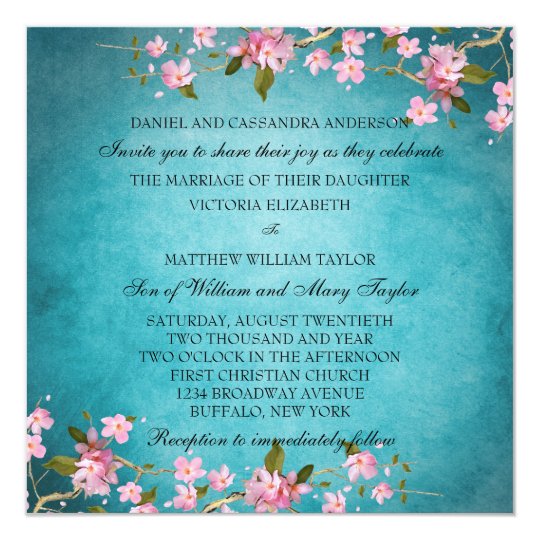 teal blue pink japanese cherry blossoms wedding invitation