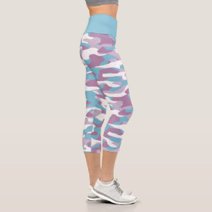 Teal Blue Pink Purple White Camouflage Pattern Capri Leggings