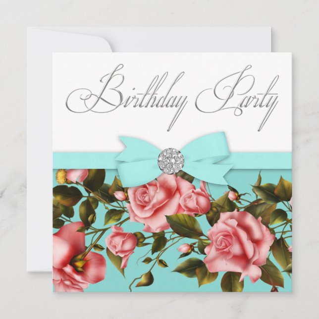 Teal Blue Pink Rose Birthday Party Invitation (Front)
